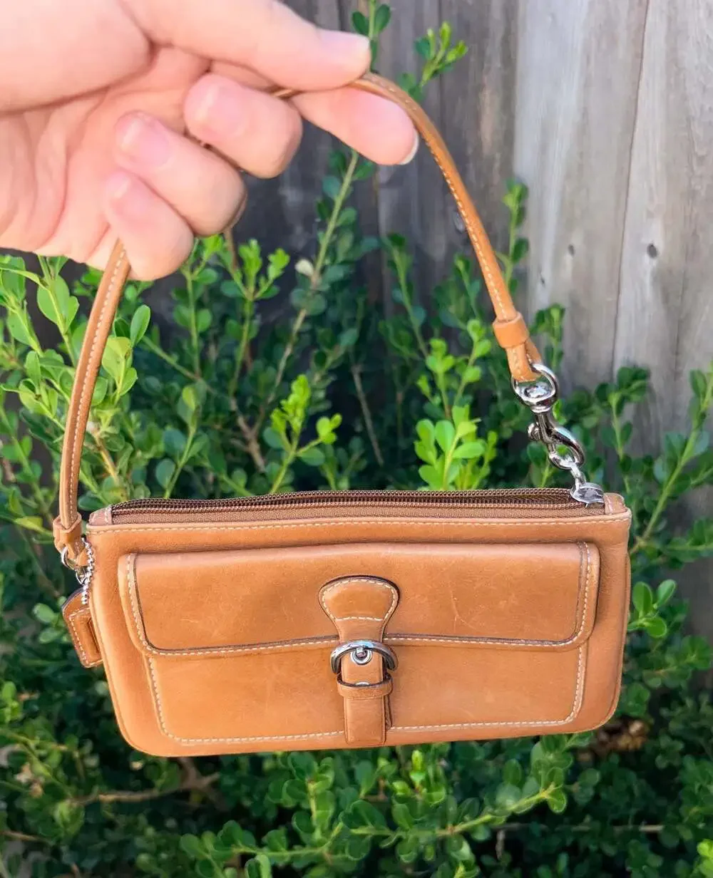 Vintage Coach Tan Brown Leather Wristlet Clutch with Front Flap Buckle Pocket